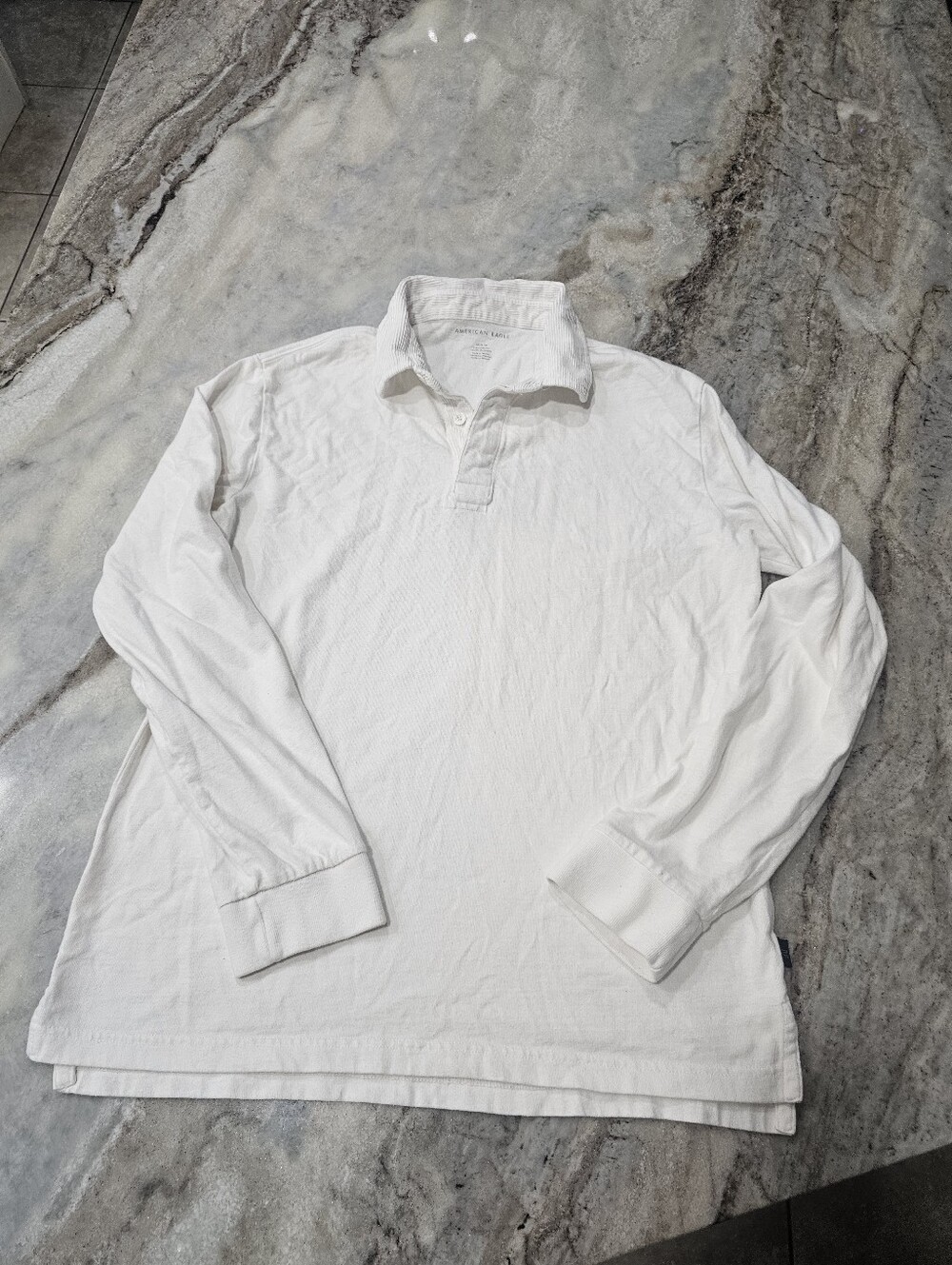 American Eagle White Long Sleeve Polo Medium Corduroy Collar Cotton Shirt